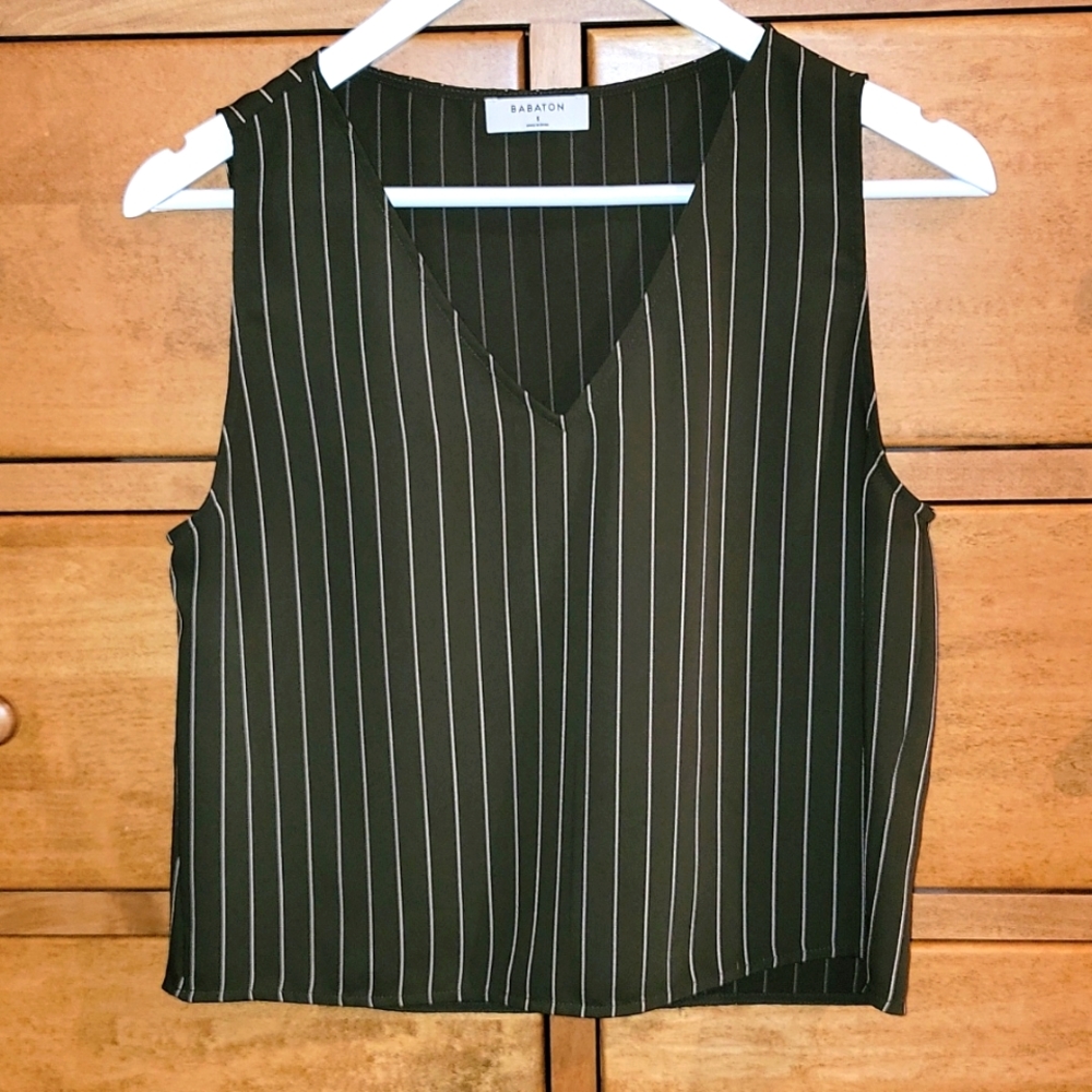 Babaton sleeveless green and cream striped crop top